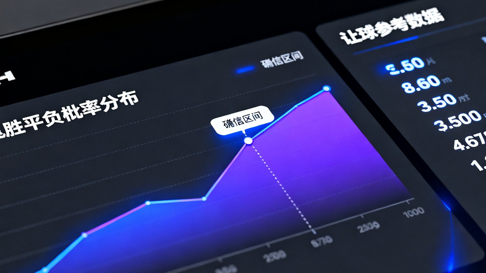 AI预测模型界面展示胜平负概率分布与让球参考数据面板，设计风格为暗色科技主题，图表清晰标注置信区间